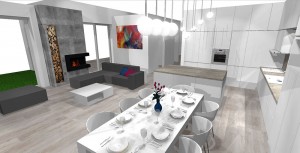 moderná otvorená kuchyňa s obývačkou